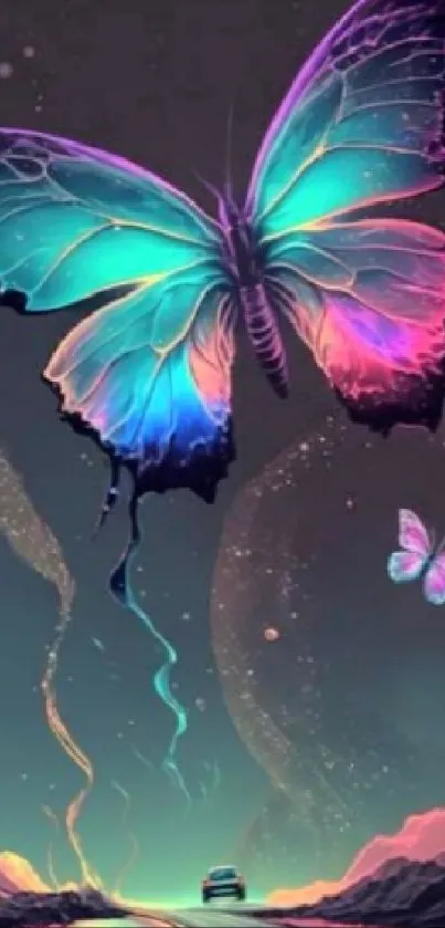 Colorful neon butterfly on fantasy road wallpaper.