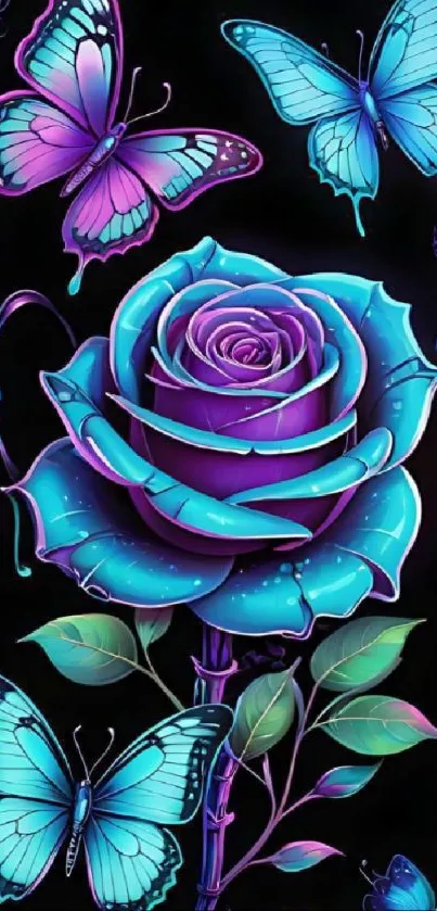 Vibrant blue rose and butterflies art design with neon hues.