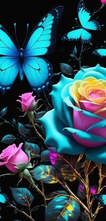 Colorful illustration of blue butterflies and vibrant roses.