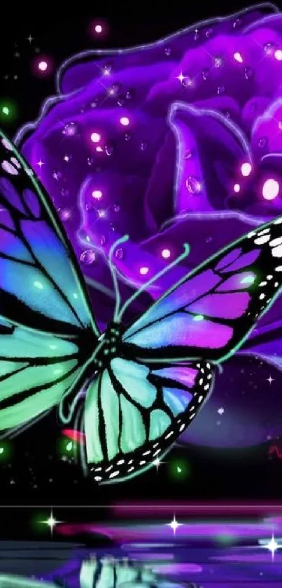 Vibrant butterfly on glowing purple rose wallpaper.