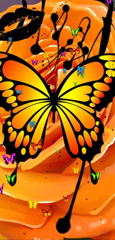 Colorful butterfly over an orange rose with artistic accents.