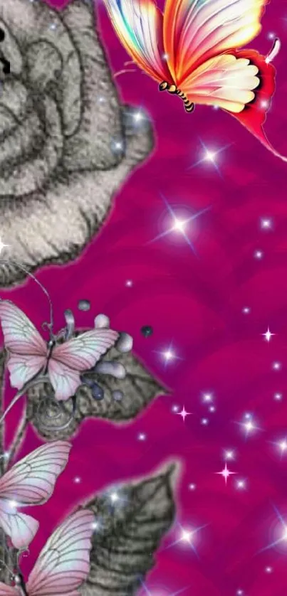 Vibrant butterfly and rose with sparkling magenta background.