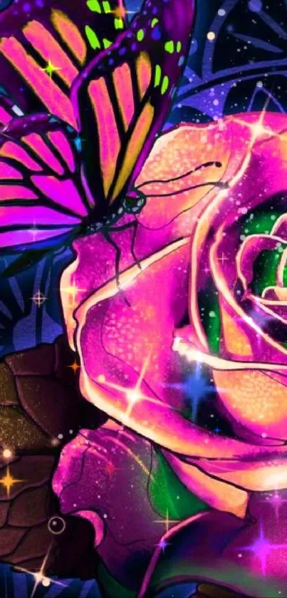 Vibrant butterfly and rose with neon colors on dark background.