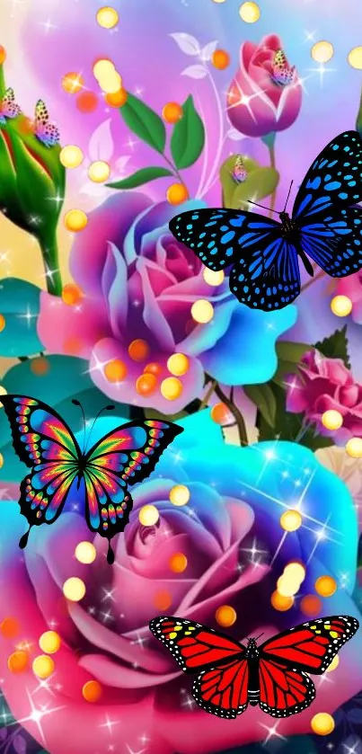 Vibrant mobile wallpaper featuring colorful butterflies and roses.