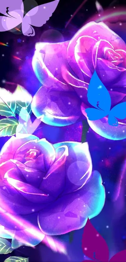 Purple roses and vibrant butterflies wallpaper.