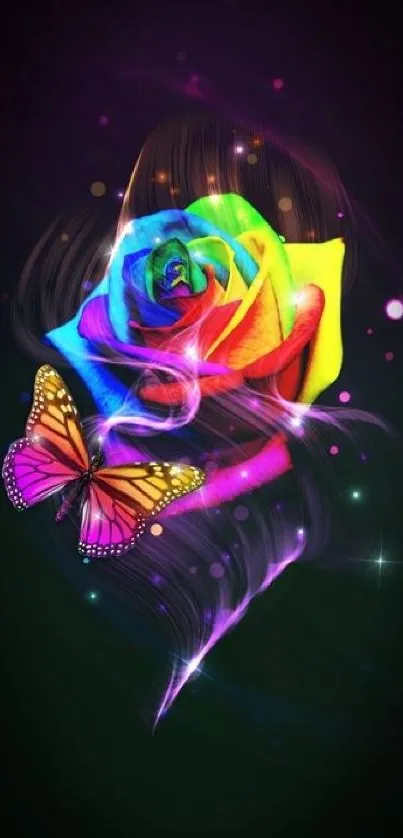 Vibrant butterfly and rainbow rose on dark background.