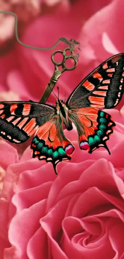 Butterfly resting on vibrant pink roses with floral background.