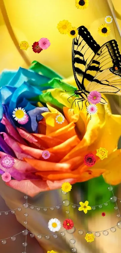 Colorful rose with butterfly on mobile wallpaper.