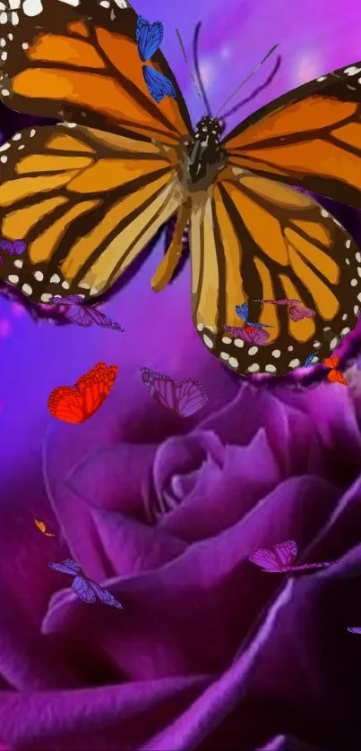 A vibrant butterfly over a purple rose with colorful accents.