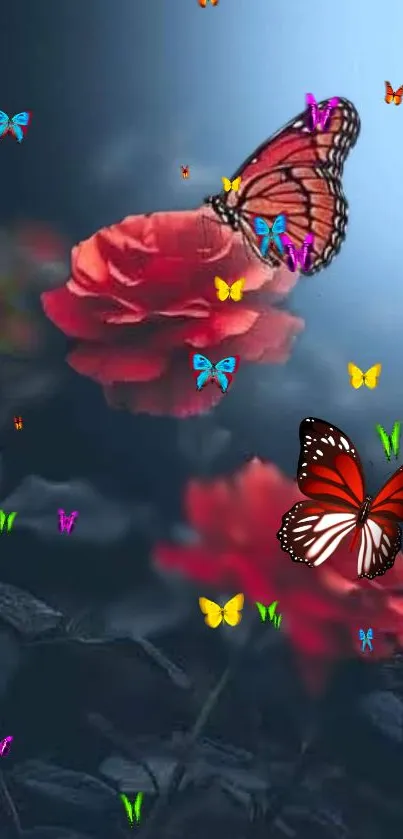 Colorful butterflies on a red rose in a dark blue background.