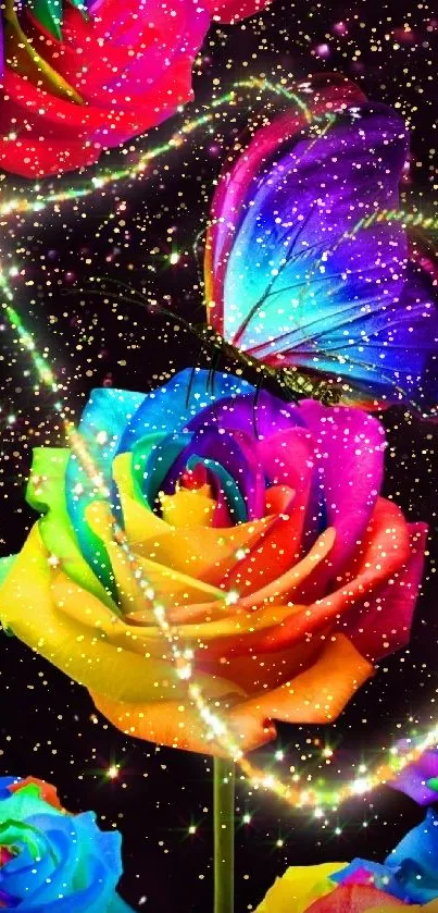 Vibrant butterfly on rainbow rose wallpaper with colorful sparkles.