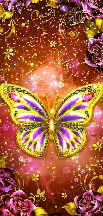 Vibrant butterfly and rose wallpaper with glowing design.