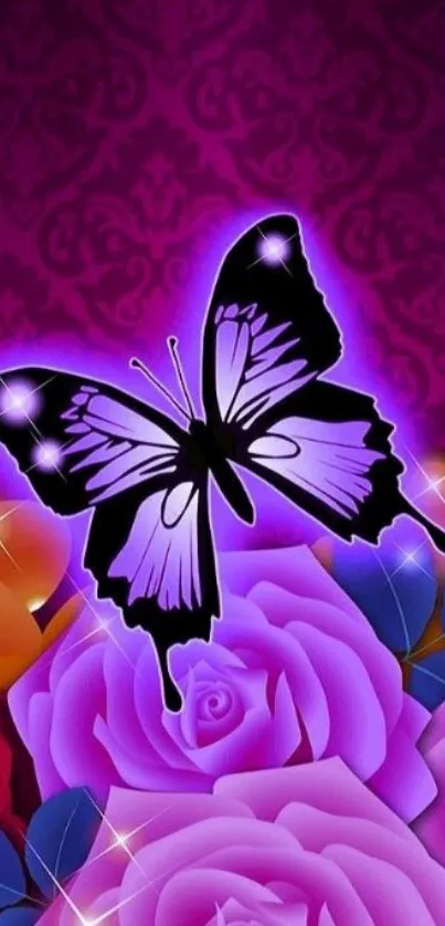 Purple butterfly on roses with vibrant floral design.