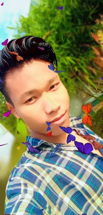 Selfie with vibrant butterflies in colorful background.