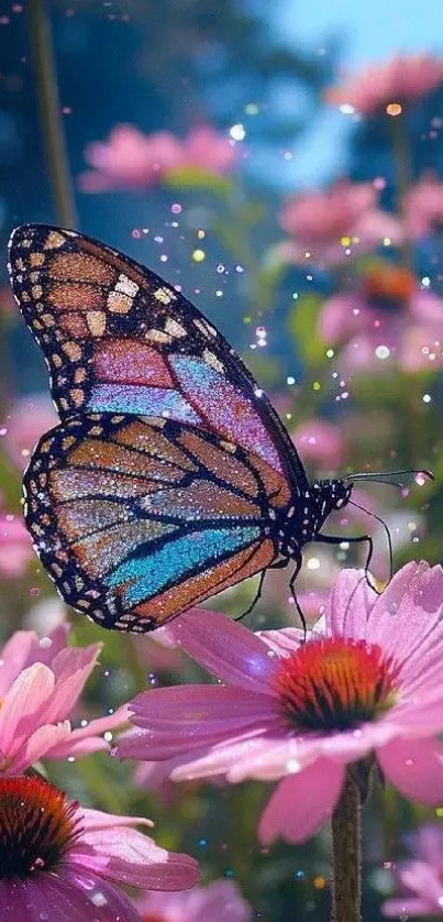 Butterfly on pink flowers with sparkling lights.