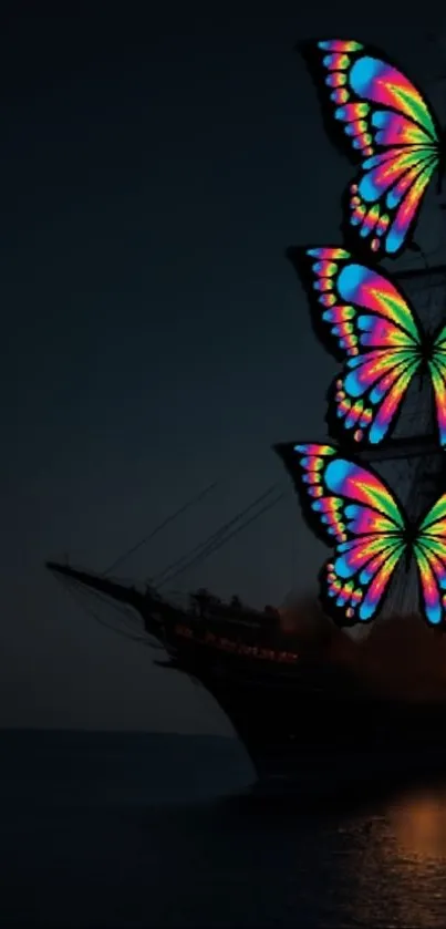 Ship with vibrant butterfly sails on dark ocean.