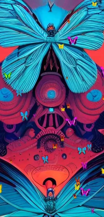 Vibrant digital art featuring butterflies and skull in orange and blue hues.