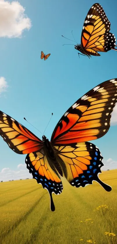 Colorful butterflies flying over a lush field under a bright blue sky.