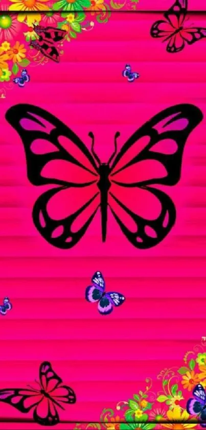 Pink wallpaper with butterfly and floral design.