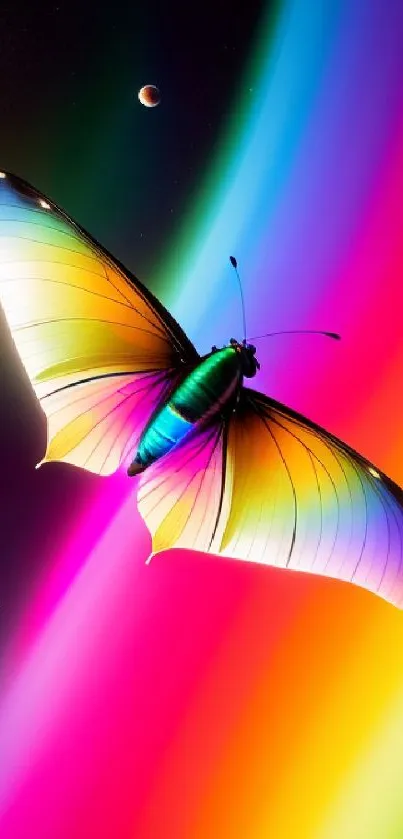 Vibrant rainbow-colored butterfly in space wallpaper.