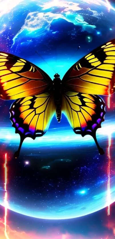 Vibrant butterfly in space with Earth backdrop on mobile wallpaper.