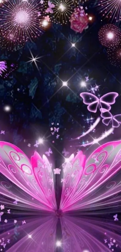 Vibrant pink butterfly with fireworks on a mobile wallpaper.