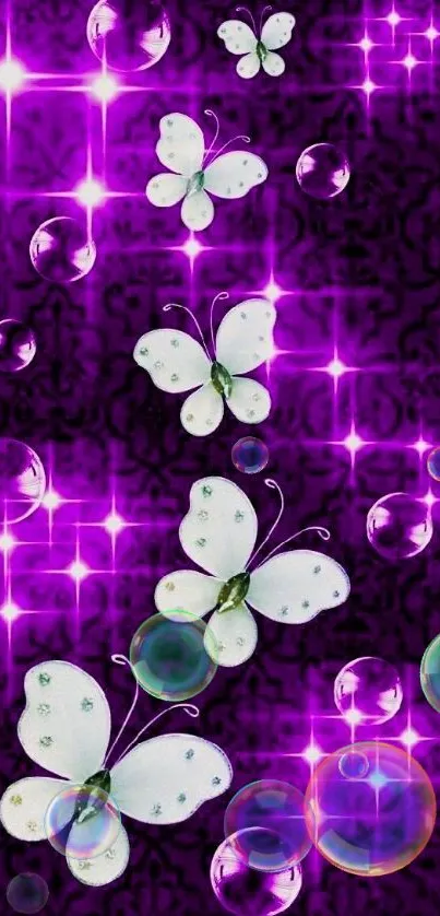 Vibrant purple wallpaper with butterflies and sparkles.