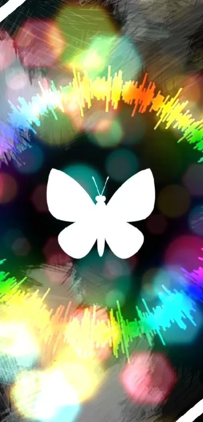 Colorful butterfly spectrum wallpaper with audio wave circle.