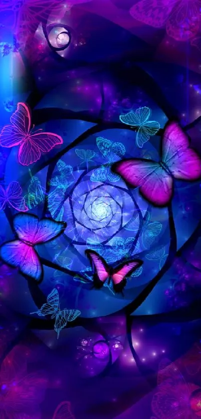 Vibrant butterfly spiral on a mystical purple and blue background.