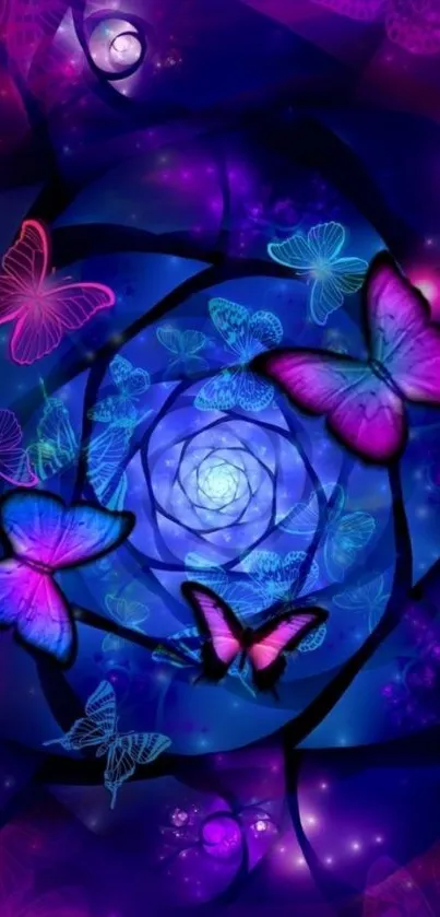 Vibrant purple butterfly spiral design wallpaper.