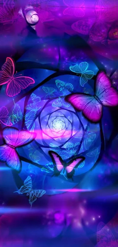 Vibrant butterfly spiral in purple and blue hues for mobile wallpaper.