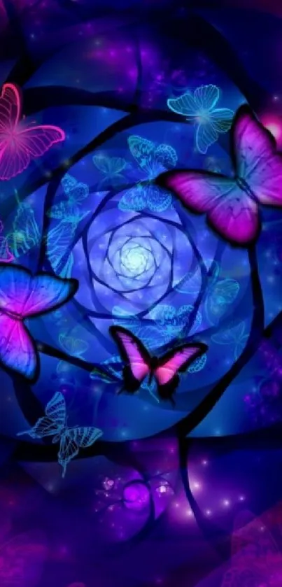 Colorful butterfly spiral wallpaper with vibrant blue and purple hues.