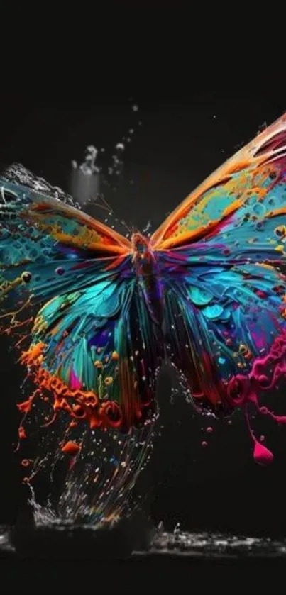 Vibrant butterfly with colorful splash on black background wallpaper.