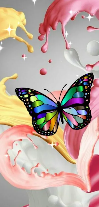 Vibrant butterfly on colorful splash background.