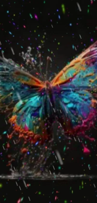 Vibrant splash art butterfly with vivid colors on a black background.