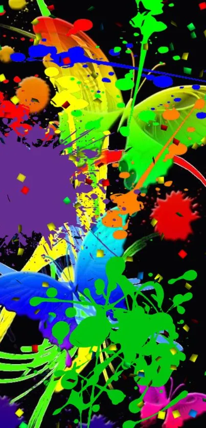 Vibrant butterfly splash wallpaper with colorful paint effect.