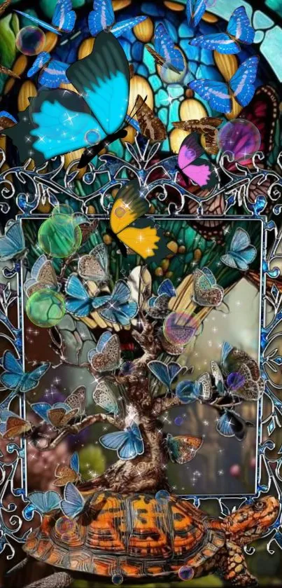 Vibrant stained glass wallpaper with butterflies and tree design.