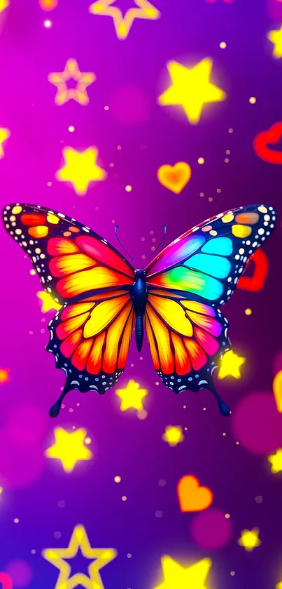 Colorful butterfly with stars and hearts on purple background