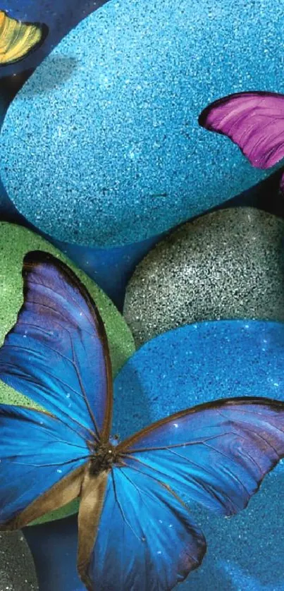 Vibrant butterflies on textured stones wallpaper.