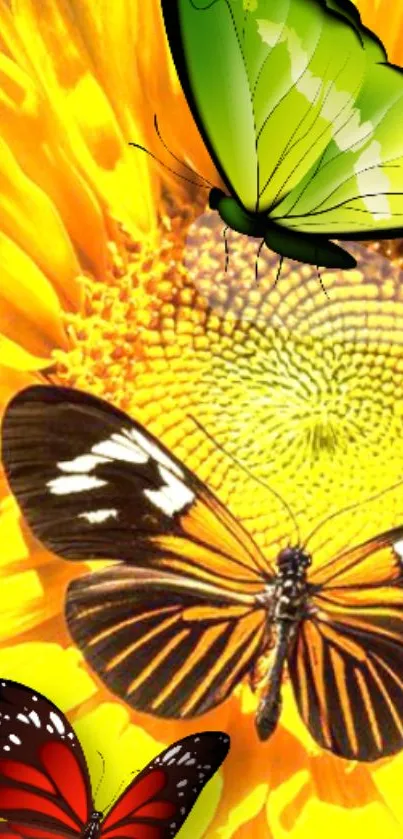 Vibrant butterflies on a bright sunflower background, perfect for a nature-themed wallpaper.