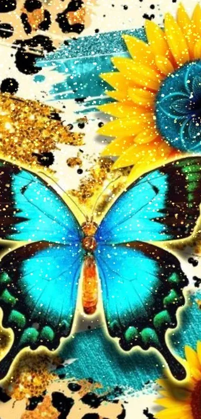 Vibrant cyan butterfly with sunflowers design wallpaper.