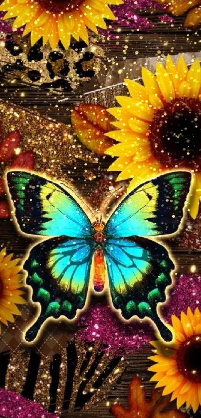 Vibrant butterfly with sunflowers and glitter on a textured background.