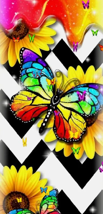 Colorful butterfly and sunflower wallpaper with zigzag pattern.