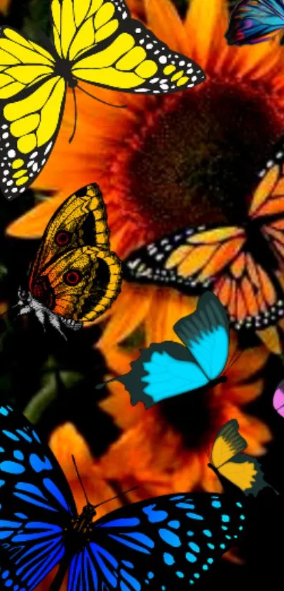 Colorful butterflies with bright sunflowers on a vibrant wallpaper.