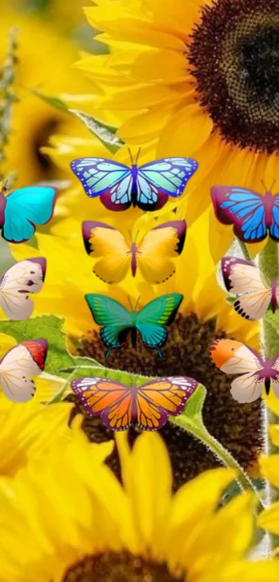 Bright sunflowers with colorful butterflies on mobile wallpaper.