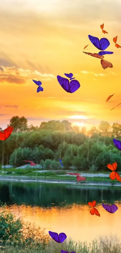 Colorful butterflies flutter against a sunset sky over a tranquil lake.