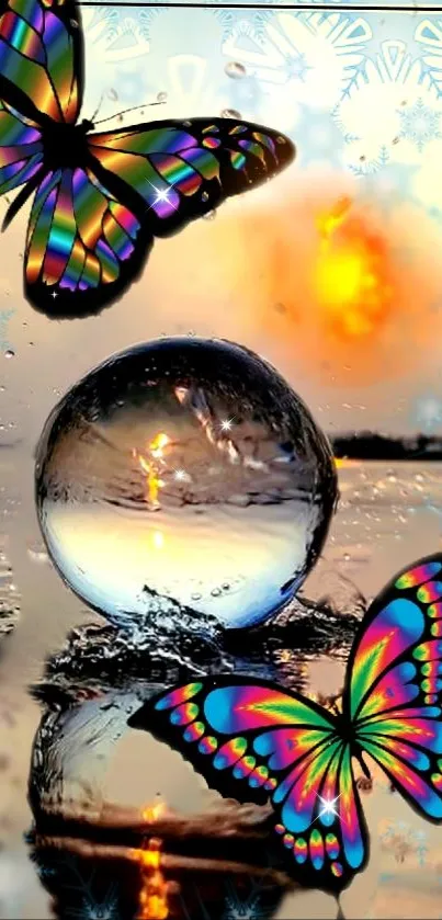 Vibrant mobile wallpaper featuring butterflies, sunset, and water reflections.