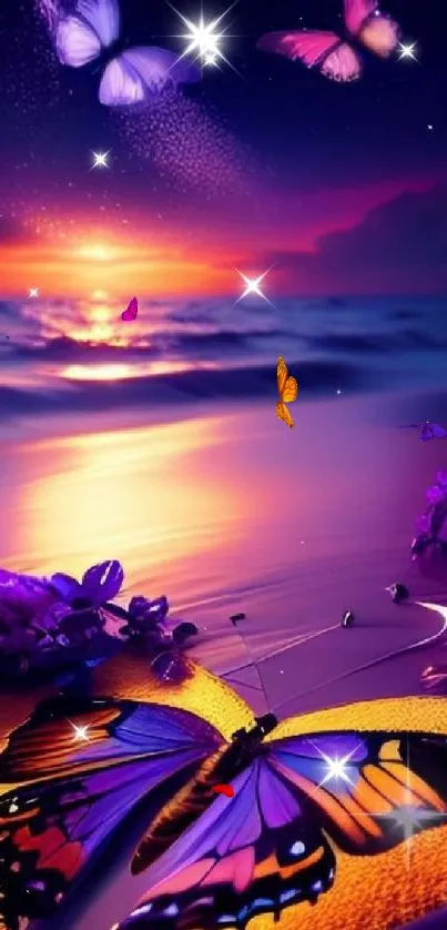 Vibrant butterflies at sunset on a serene beach wallpaper.