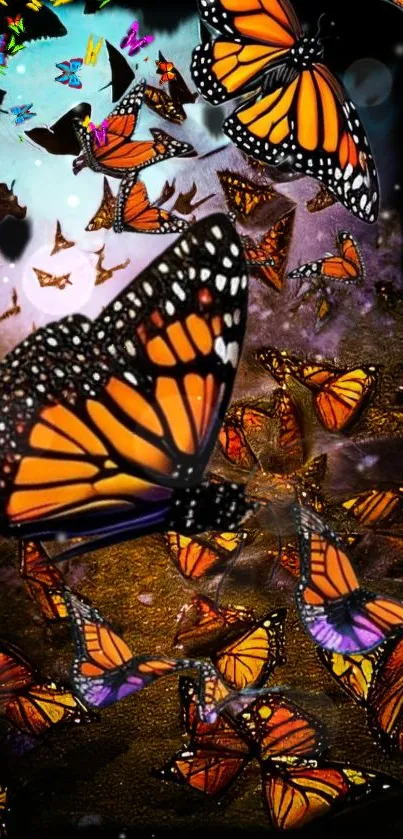 Butterfly swarm mobile wallpaper with vibrant colors.