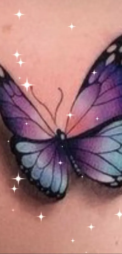 Stunning purple and blue butterfly tattoo on skin background.